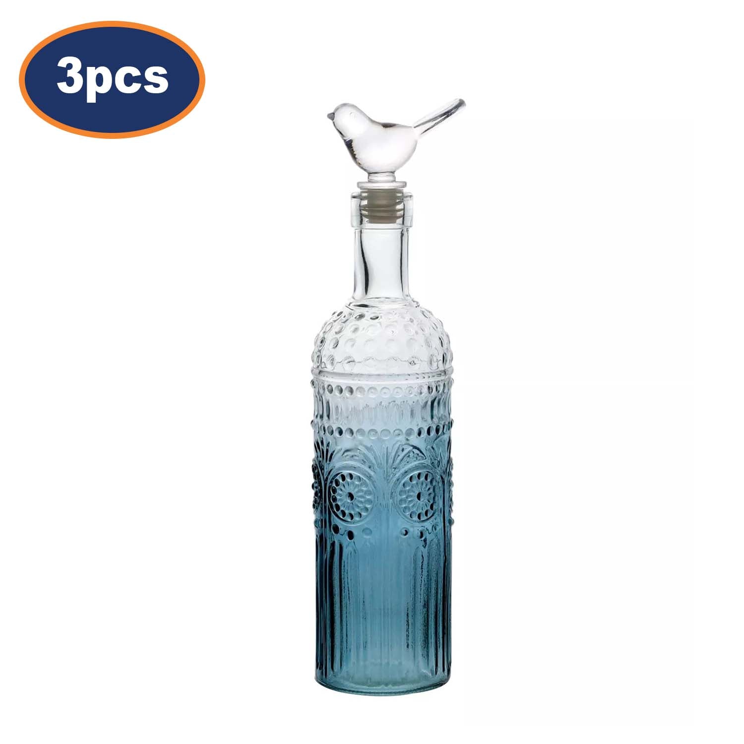 3Pcs 28cm Gradient Blue Glass Decorative Bottle With Clear Glass Bird Topper