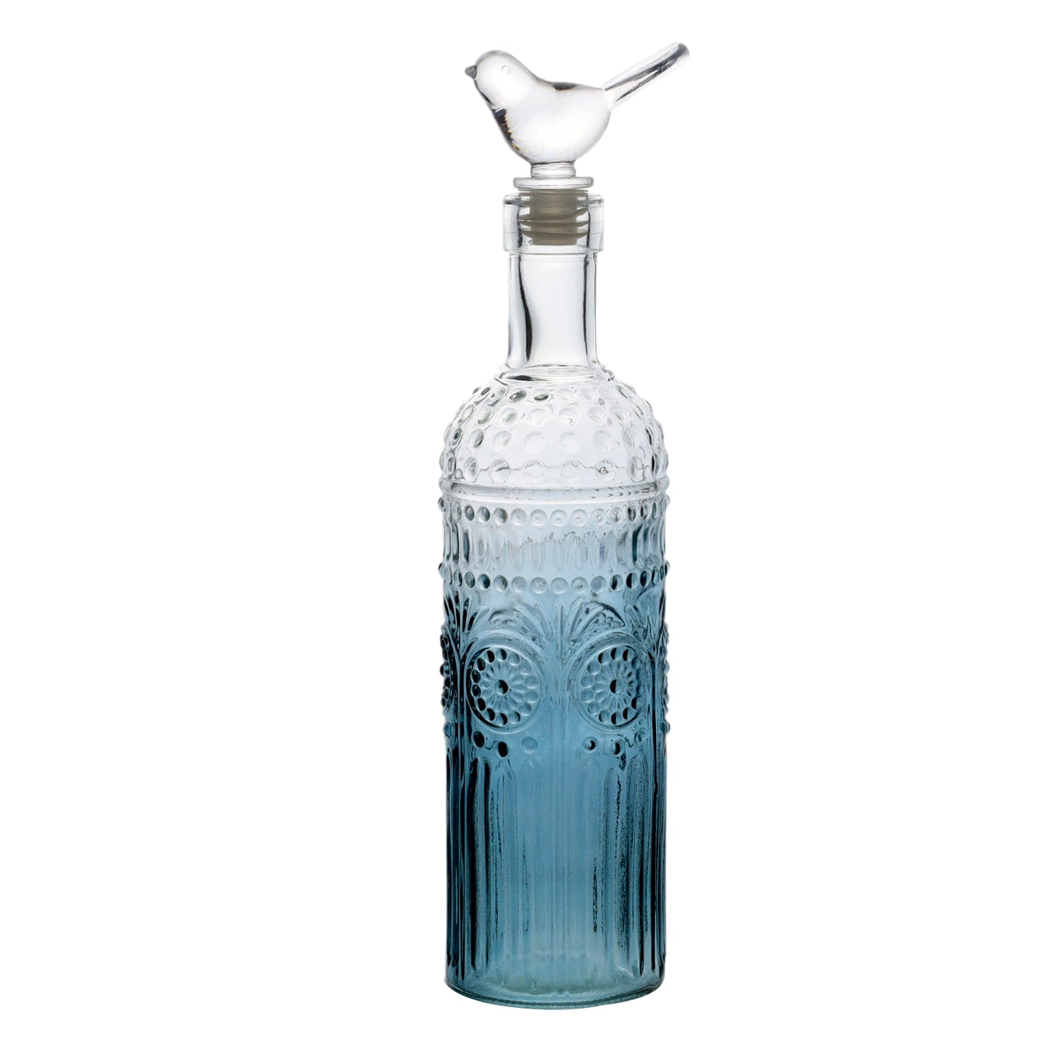 28cm Gradient Blue Glass Decorative Bottle With Clear Glass Bird Topper