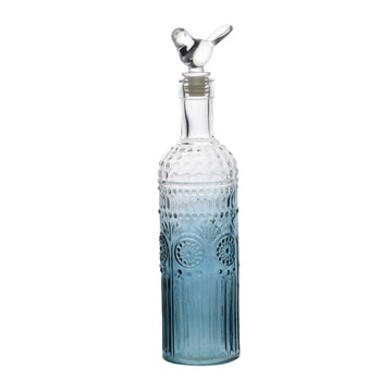 28cm Gradient Blue Glass Decorative Bottle With Clear Glass Bird Topper