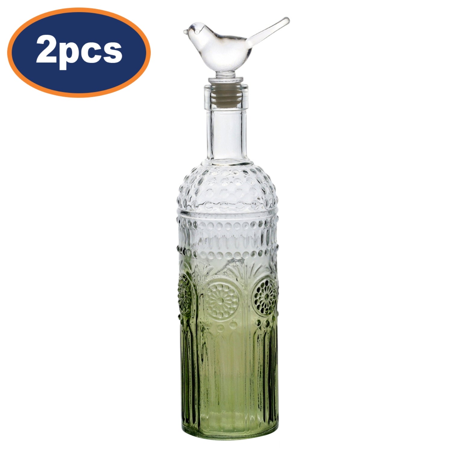 2Pcs 28cm Gradient Green Glass Decorative Bottle With Clear Glass Bird Topper