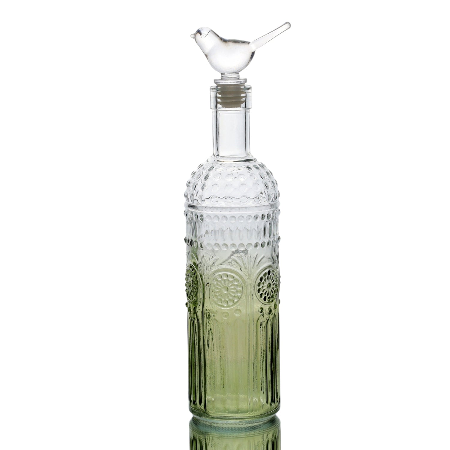 28cm Gradient Green Glass Decorative Bottle With Clear Glass Bird Topper