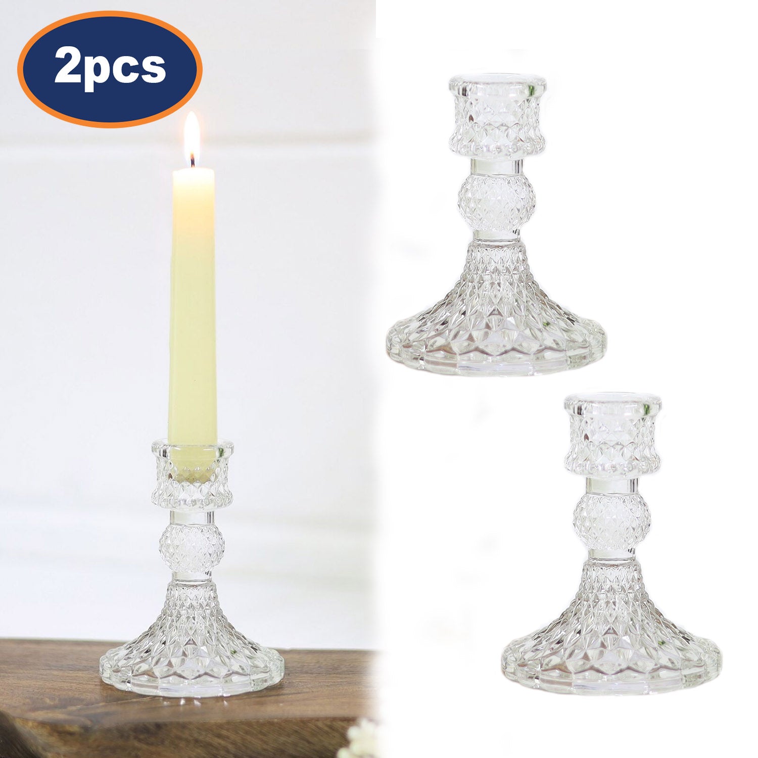 2Pc Paisley Clear Glass Candle Holder Set