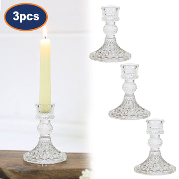 3Pc Paisley Clear Glass Candle Holder Set