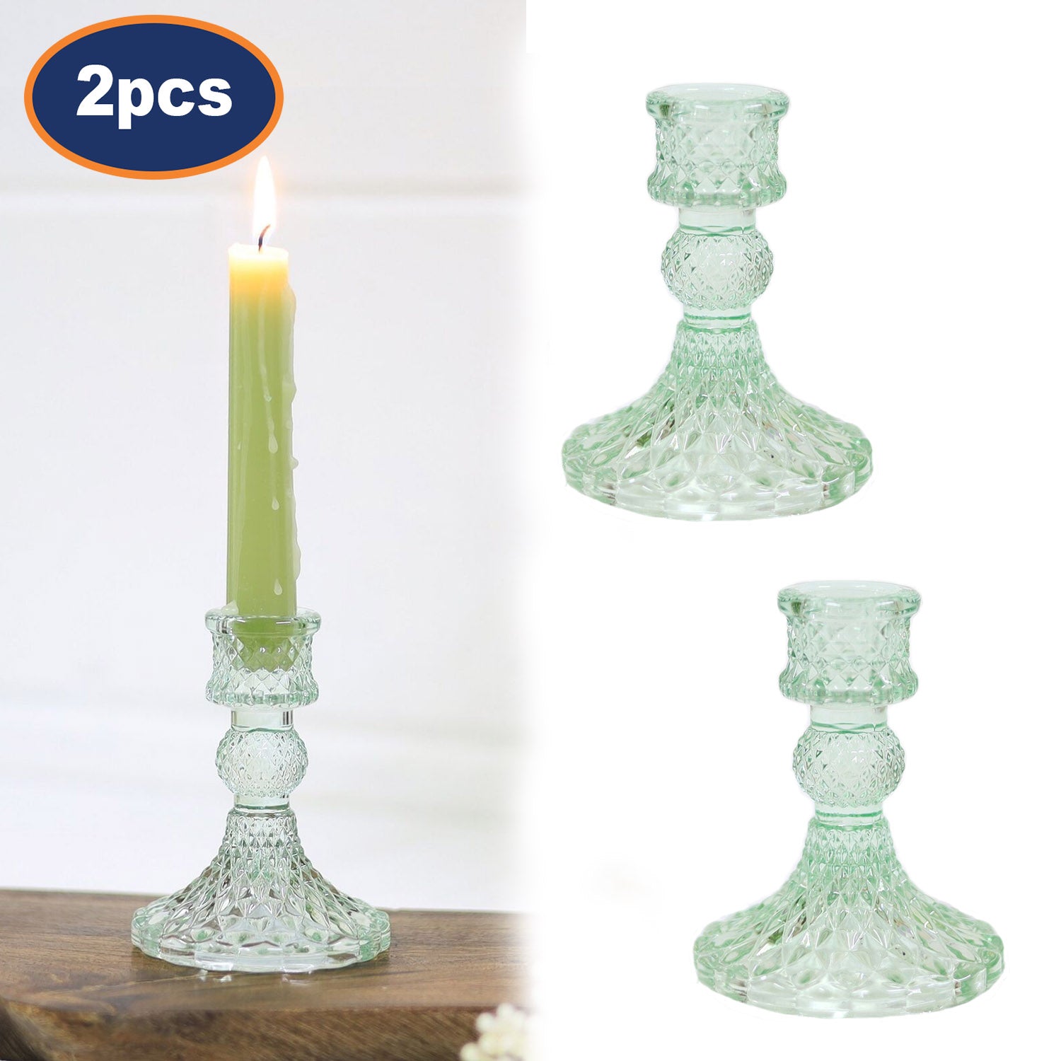 2Pc Paisley Green Glass Candle Holder Set