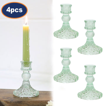 4Pc Paisley Green Glass Candle Holder Set