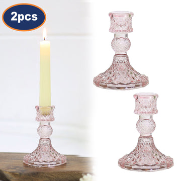 2Pc Paisley Pink Glass Candle Holder Set