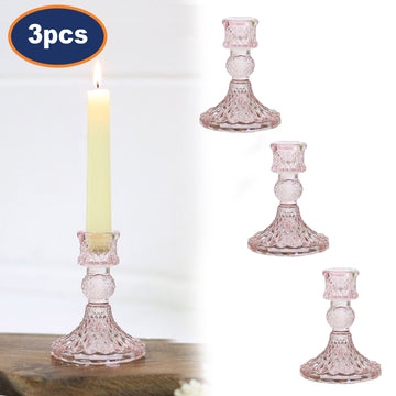 3Pc Paisley Pink Glass Candle Holder Set