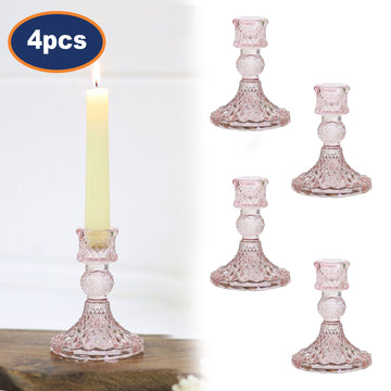 4Pc Paisley Pink Glass Candle Holder Set