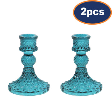 2Pcs Teal Glass Dinner Candle Holder