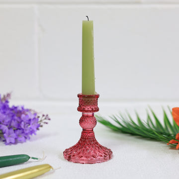 11cm Pink Glass Ribbed Design Candle Holder