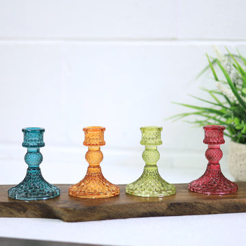 4Pcs Orange Green Teal Pink Glass Candle Holder