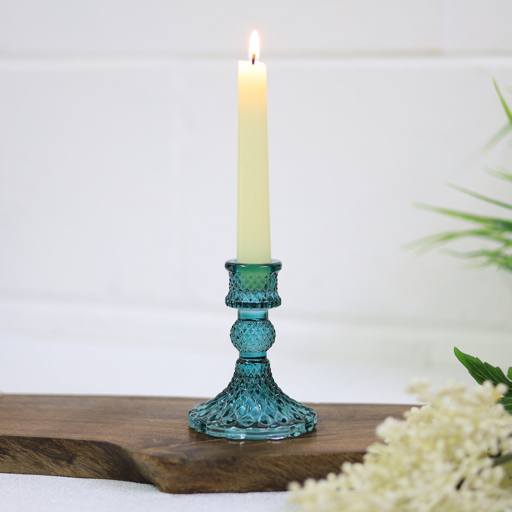 Teal glass candle deals holders