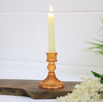 11cm Amber Glass Ribbed Design Candle Holder