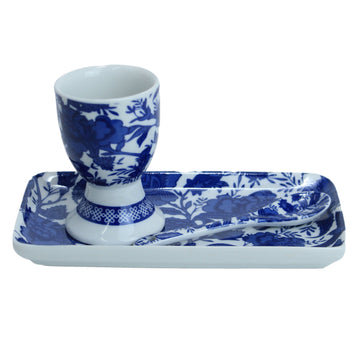 3 Piece Egg Cup Spoon Tray Set Blue White Floral Design