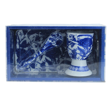 3 Piece Egg Cup Spoon Tray Set Blue White Floral Design