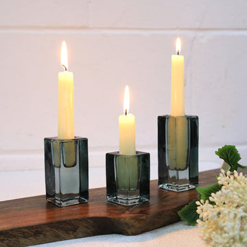 Set of 3 Blue Glass Candle Stick Holders