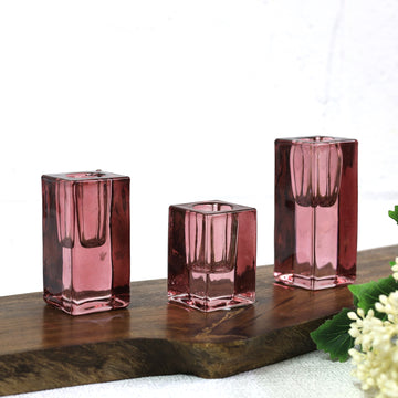 Set of 3 Pink Glass Candle Stick Holders