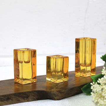 Set of 3 Yellow Glass Candle Stick Holders