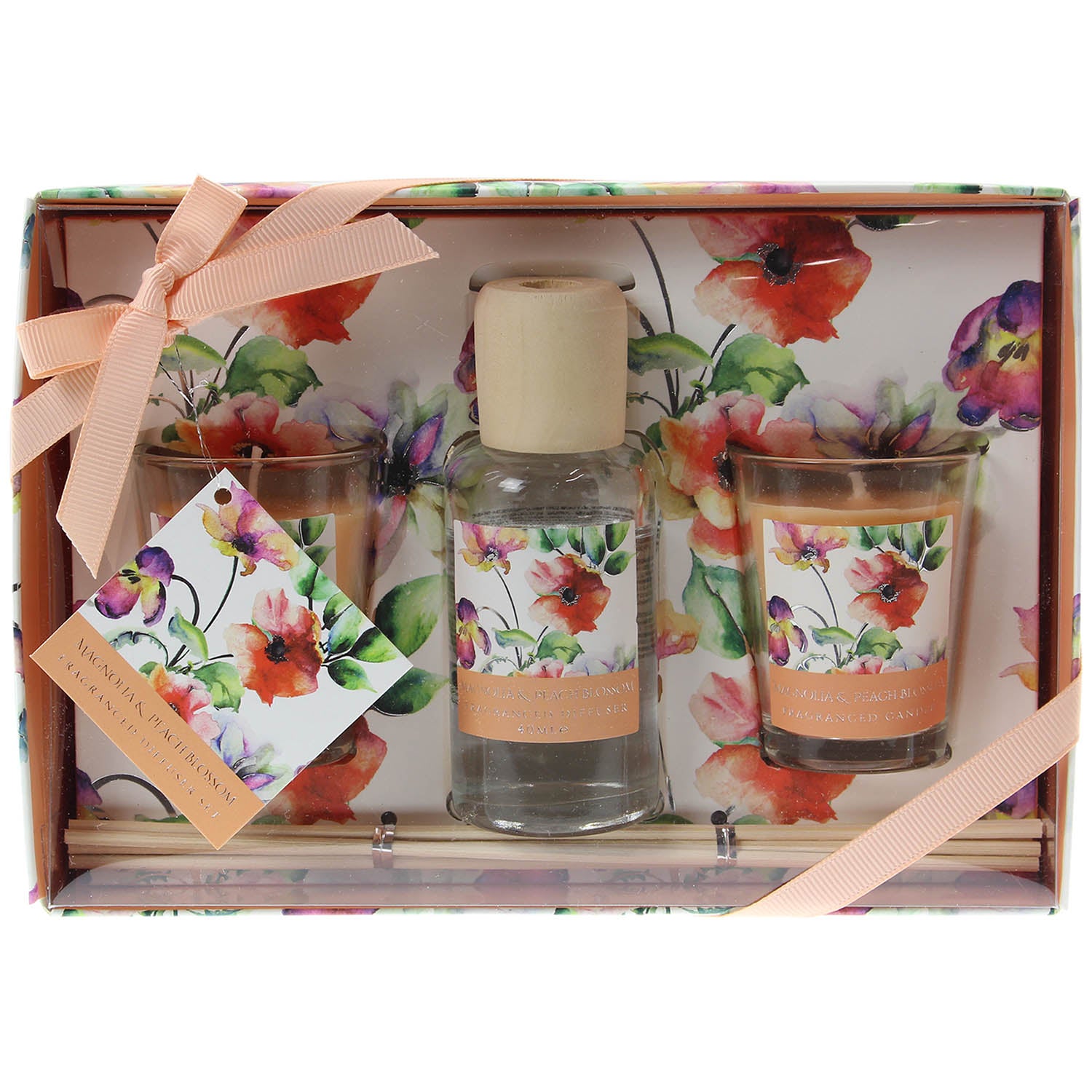 Magnolia & Peach Blossom Scented Candle And Reed Diffuser Set