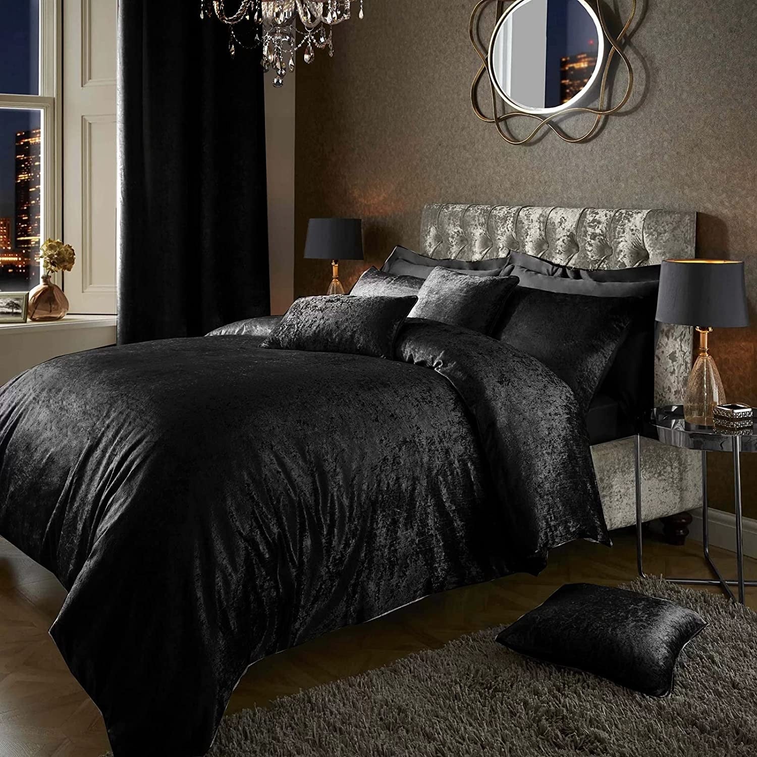 Crushed Velvet Duvet Cover Set, Black, King