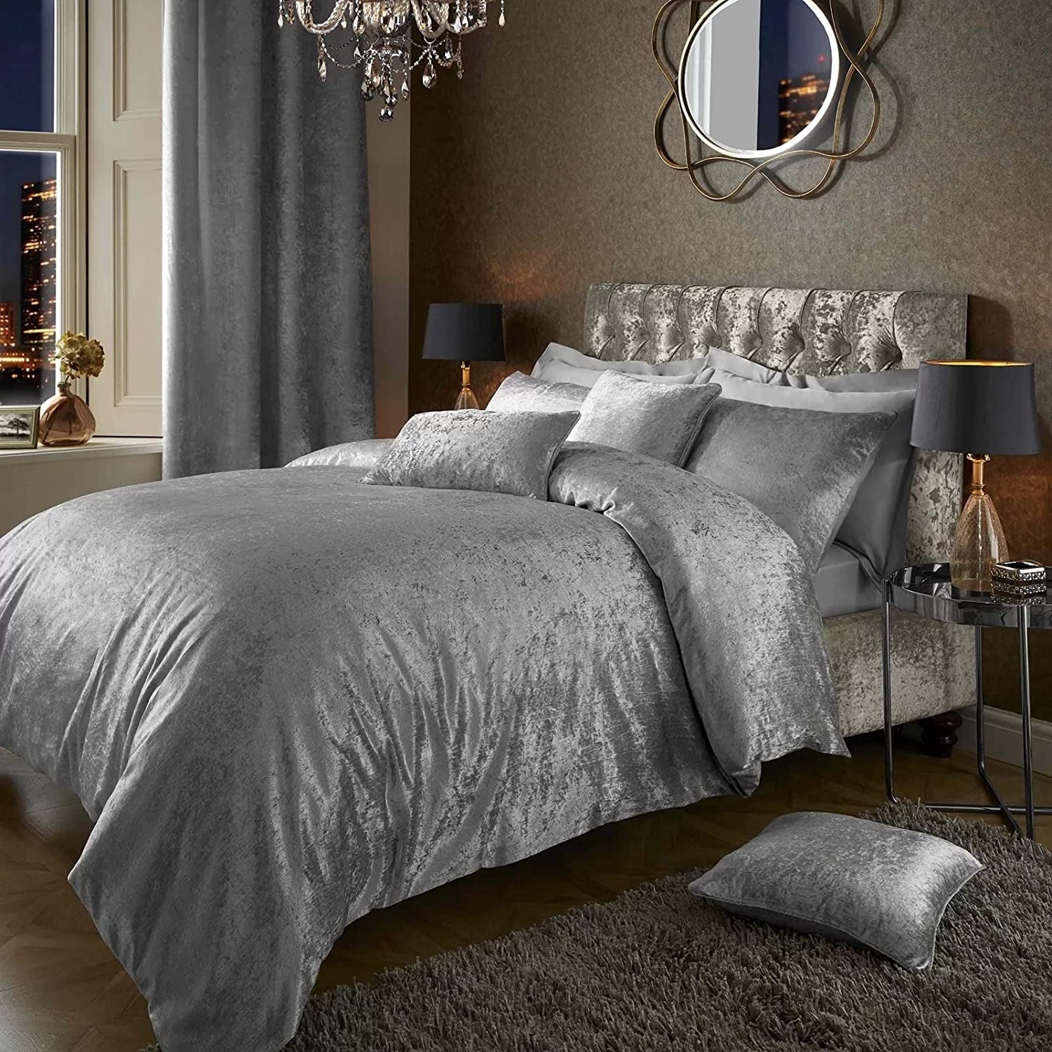 Crushed Velvet Duvet Cover Set, Silver Grey, King