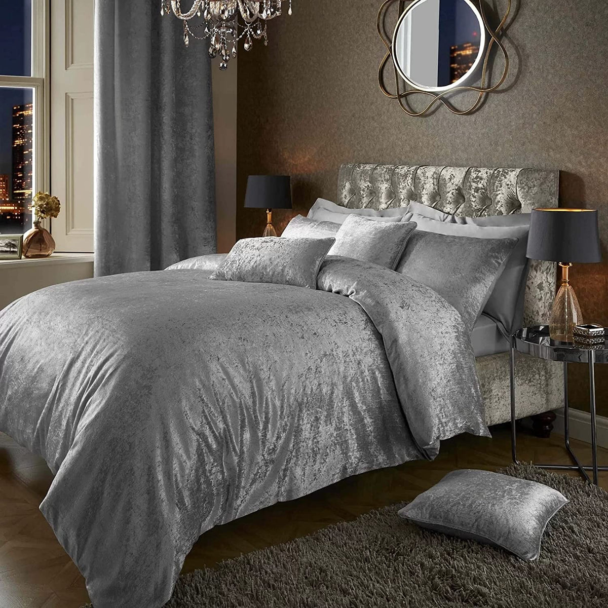 Crushed Velvet Duvet Cover Set, Silver Grey, King