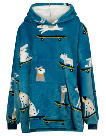 Skater Dog Oversized Sherpa Hoodie Blanket, Teal