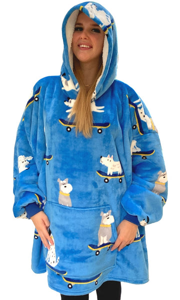 Skater Dog Oversized Sherpa Hoodie Blanket, Teal