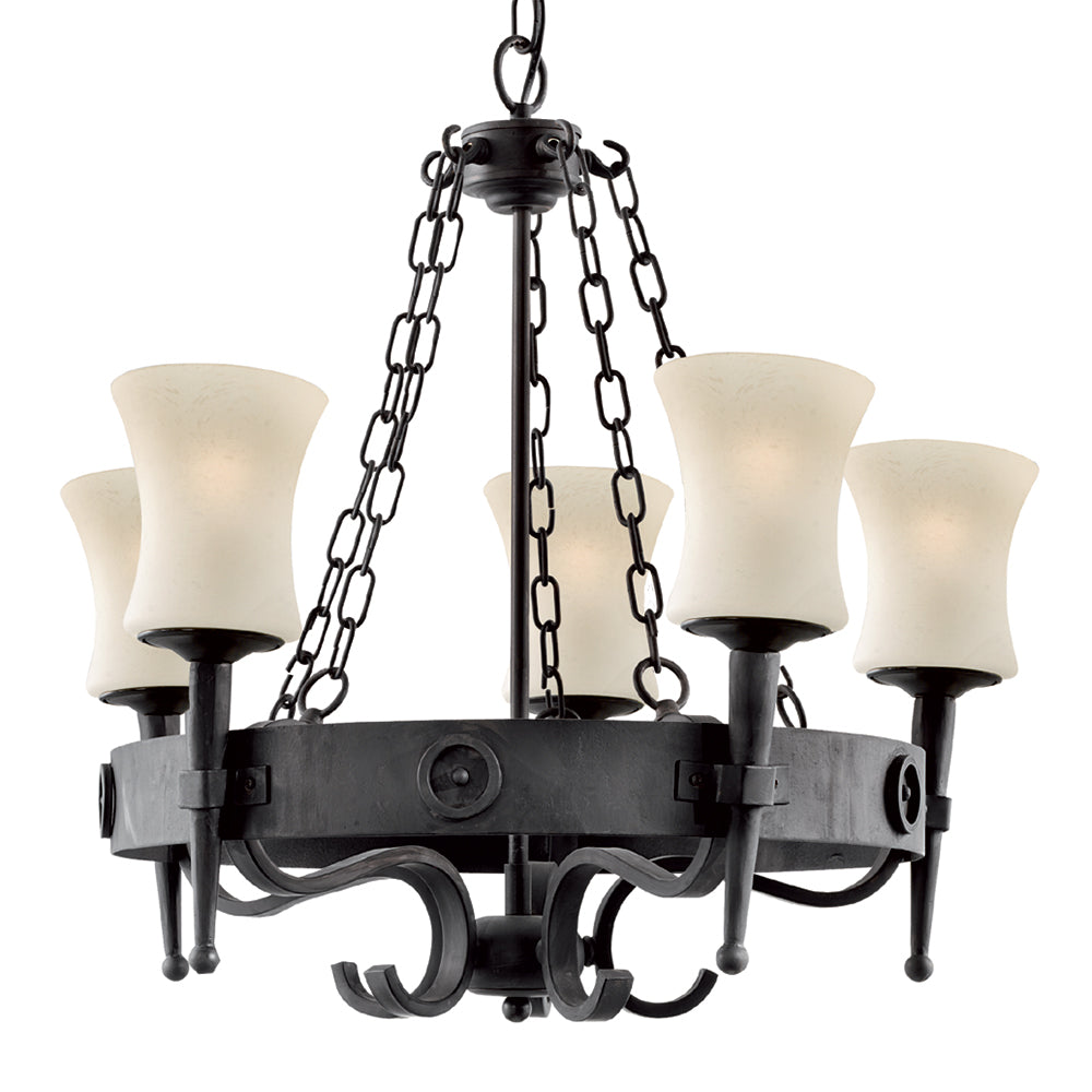 Cartwheel 5 Lights Ceiling Pendant - Black Iron & Sanded Glass
