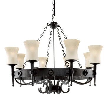 Cartwheel 8 Lights Ceiling Pendant - Black Iron & Sanded Glass