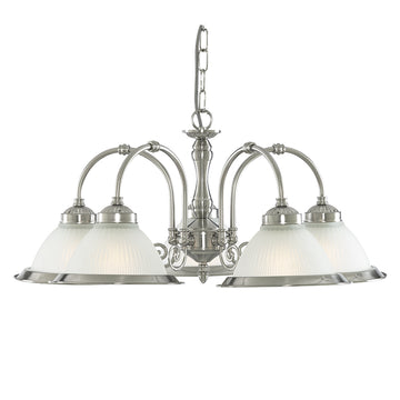 American Diner 5 Lights Silver Chandelier With Acid Ribbed Glass Shade