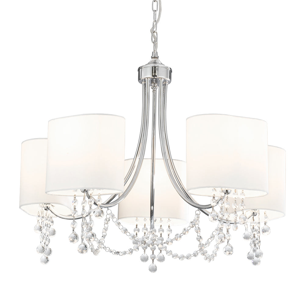 Nina 5 Lights Chrome Crystal & White Shade Ceiling Pendant