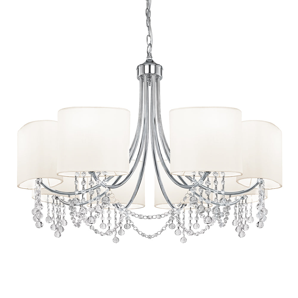 8 Lights Chrome Crystal & White Shade Ceiling Pendant