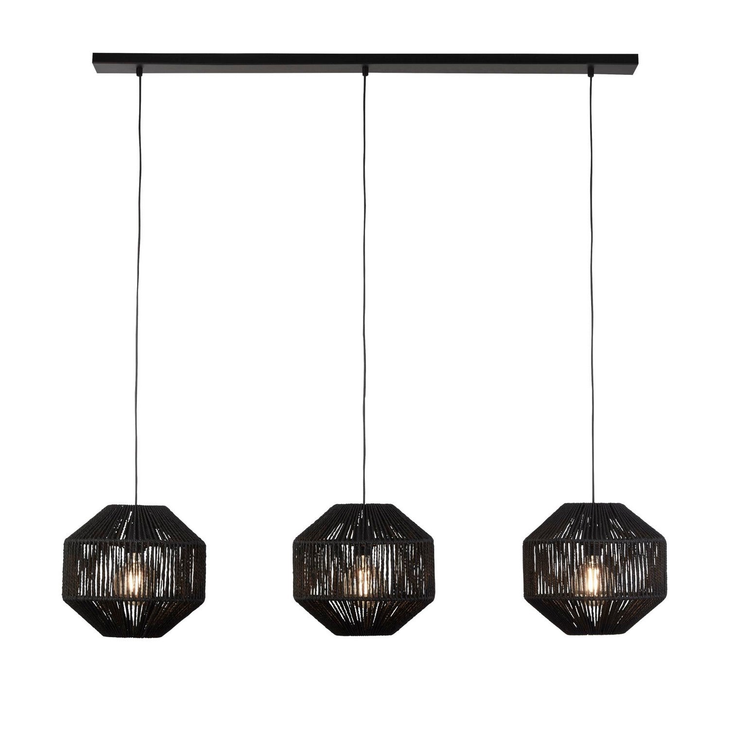 3 Light Black Natural Rope Wicker Shade Bar Pendant