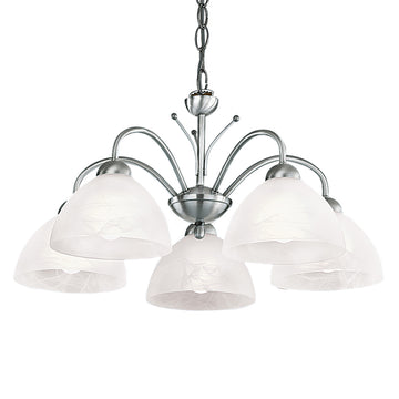5 Light Satin Silver Ceiling Pendant Light With White Glass Shade