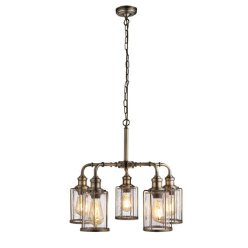 Pipes 5 Light Antique Brass With Seeded Glass Pendant