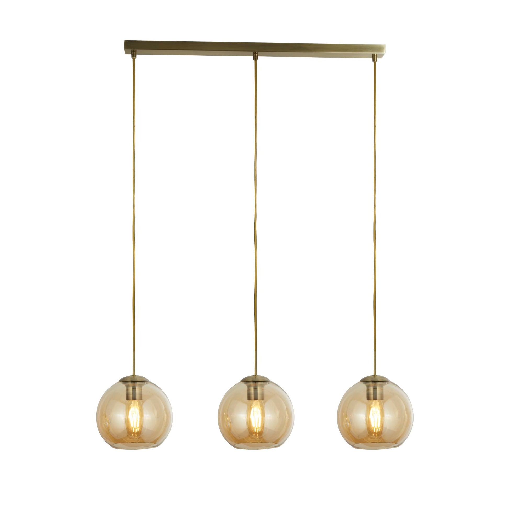 Pendant 3 Light Bar Antique Brass With Amber Glass