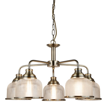 Bistro II 5 Lights Antique Brass Halophane Glass Pendant