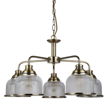 Bistro II 5 Lights Antique Brass Halophane Glass Pendant