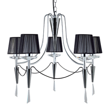 Duchess 5 Light Black Chrome Chandelier With Black String Shades