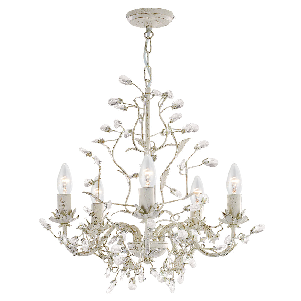 Almandite 5 Lights Cream Gold Leaves & Crystal Chandelier