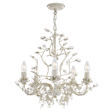 Almandite 5 Lights Cream Gold Leaves & Crystal Chandelier
