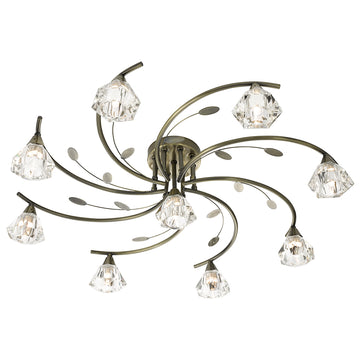 9 Lights Antique Brass Glass Ceiling Flush Fitting Chandelier