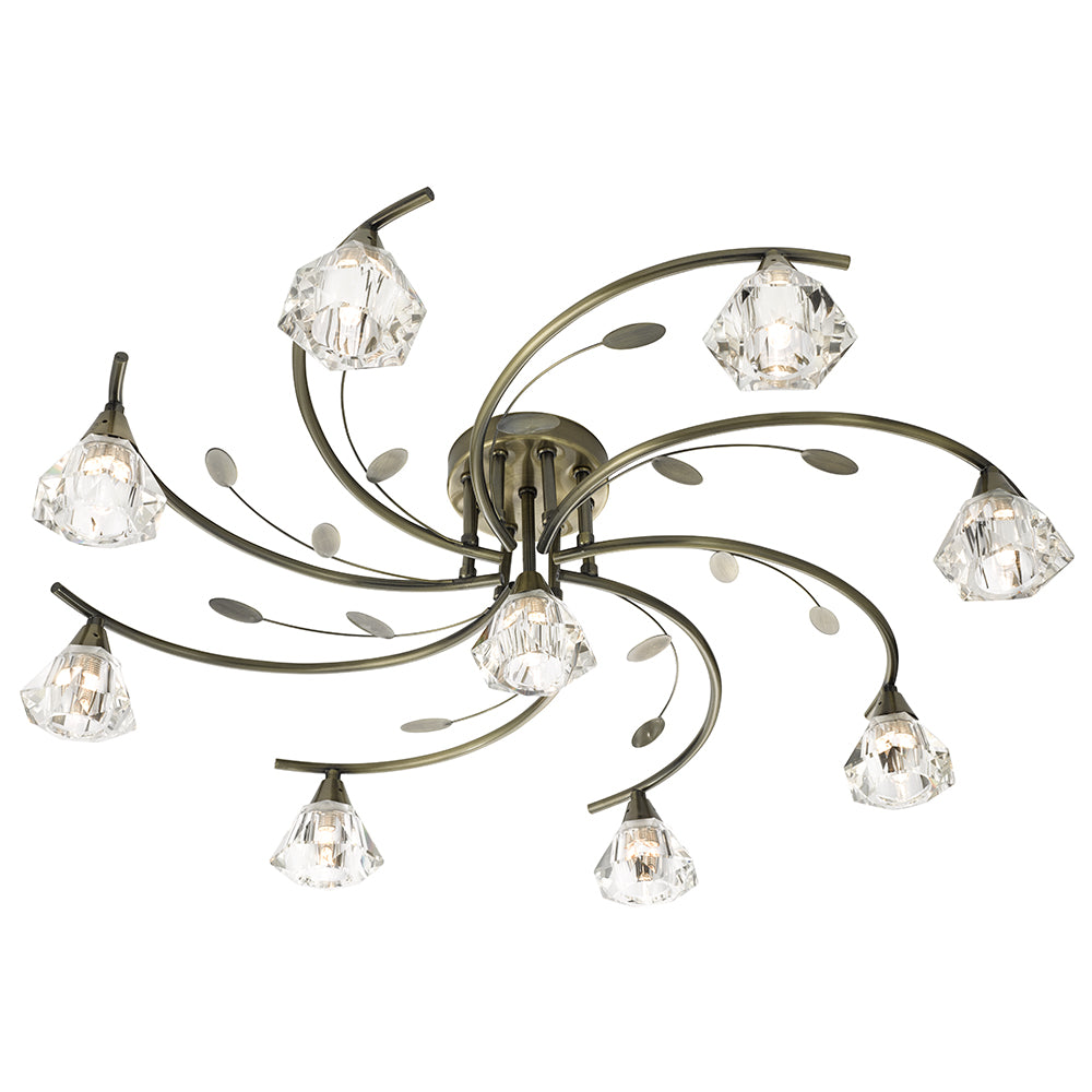 9 Lights Antique Brass Glass Ceiling Flush Fitting Chandelier