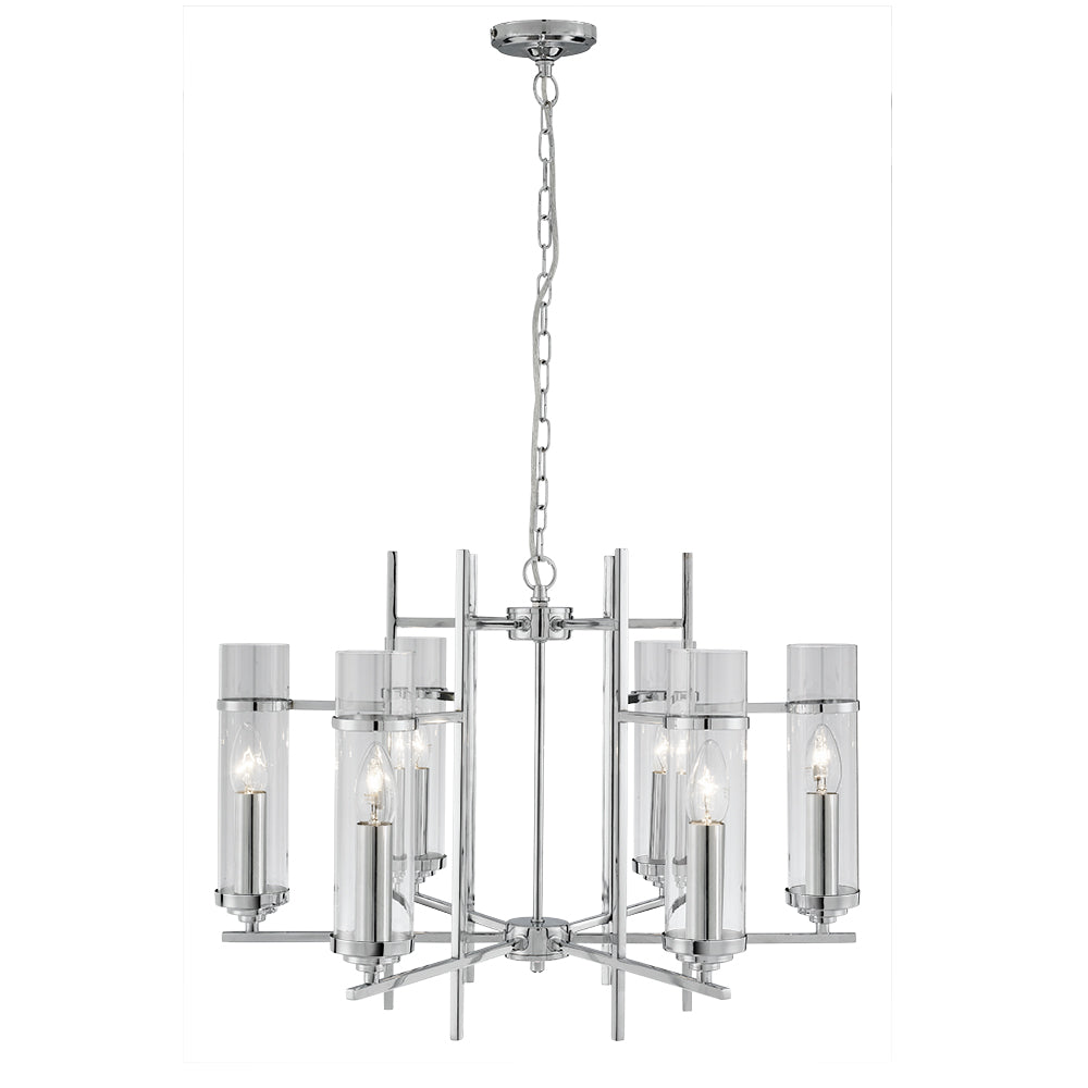6 Light Chrome Clear Glass Cylinder Shade Ceiling Pendant