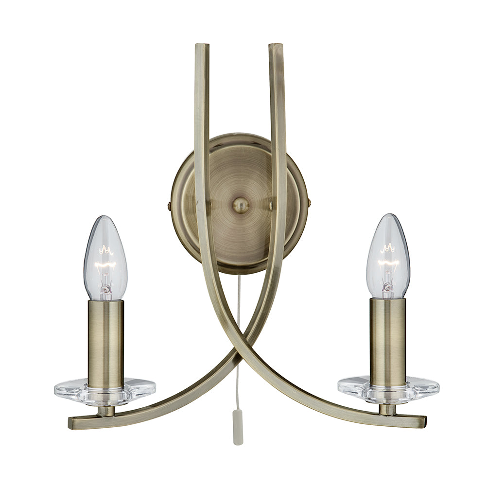 Ascona 2 Lights Antique Brass & Clear Glass Wall Chandelier