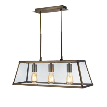 Voyager 3 Light Antique Brass & Glass Bar Pendant