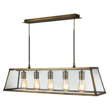 Voyager 5 Light Antique Brass & Glass Bar Pendant