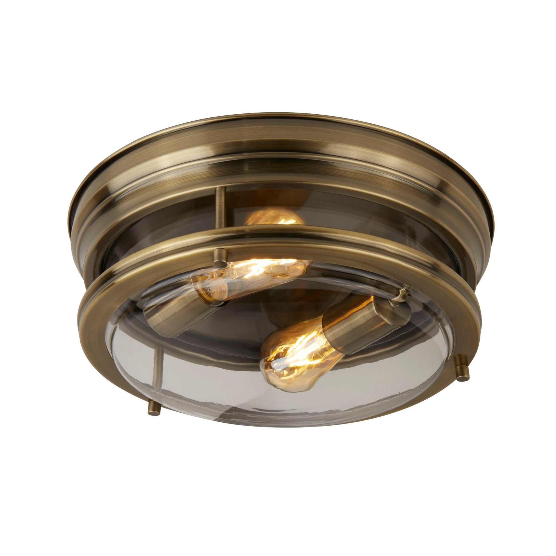 Glasgow 2 Light Antique Brass & Glass Ip44 Flush