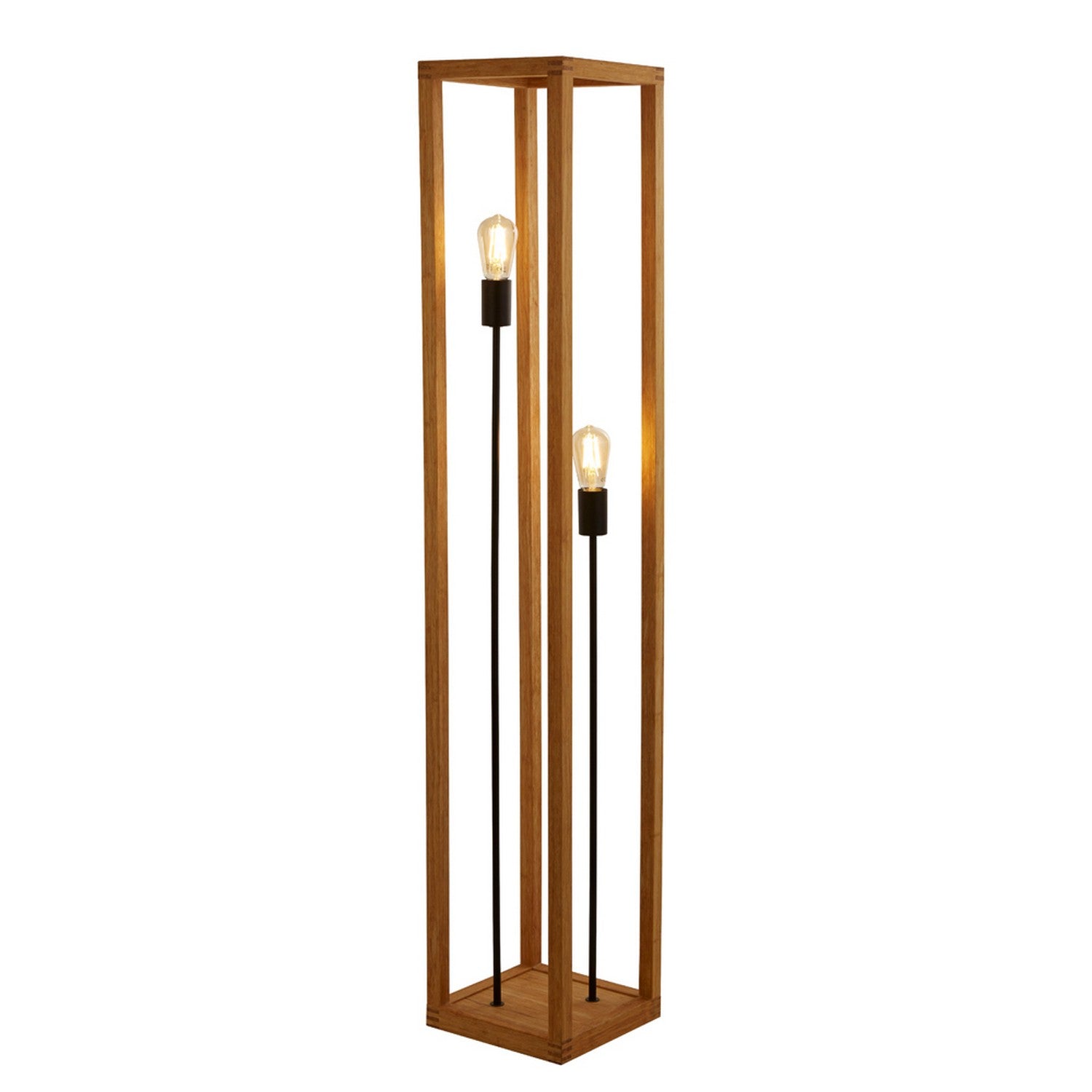Square 2 Light Wood & Black Metal Floor Lamp